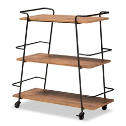 Baxton Studio Bernard Rustic Industrial Black Metal and Walnut Finishe Wood 3-Tier Mobile Wine Bar Cart